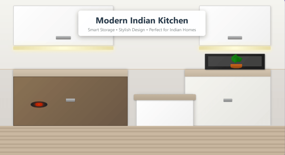 Modern Indian modular kitchen with L-shaped layout, smart storage, bright lighting, and stylish cabinets in white and wood tones.